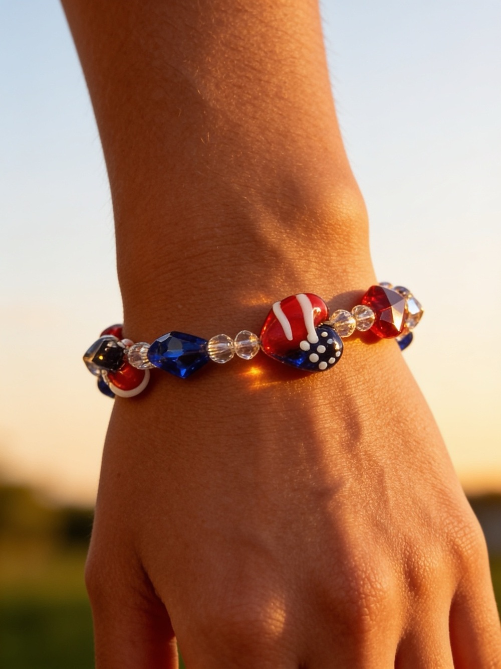 Patriotic Red & Blue Heart and Star Beaded Bracelet - Picture 3 of 4